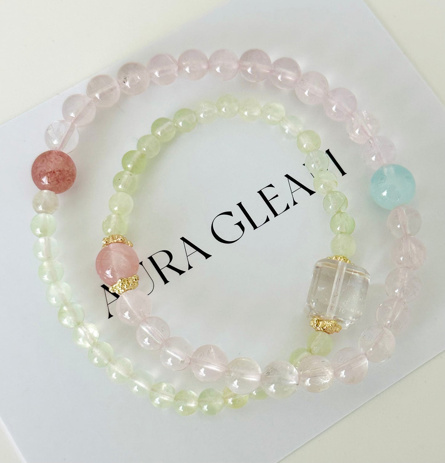 “Crystal Harmony” – Natural healing stone multilayer bracelet made of prehnite, rose quartz, aquamarine & more