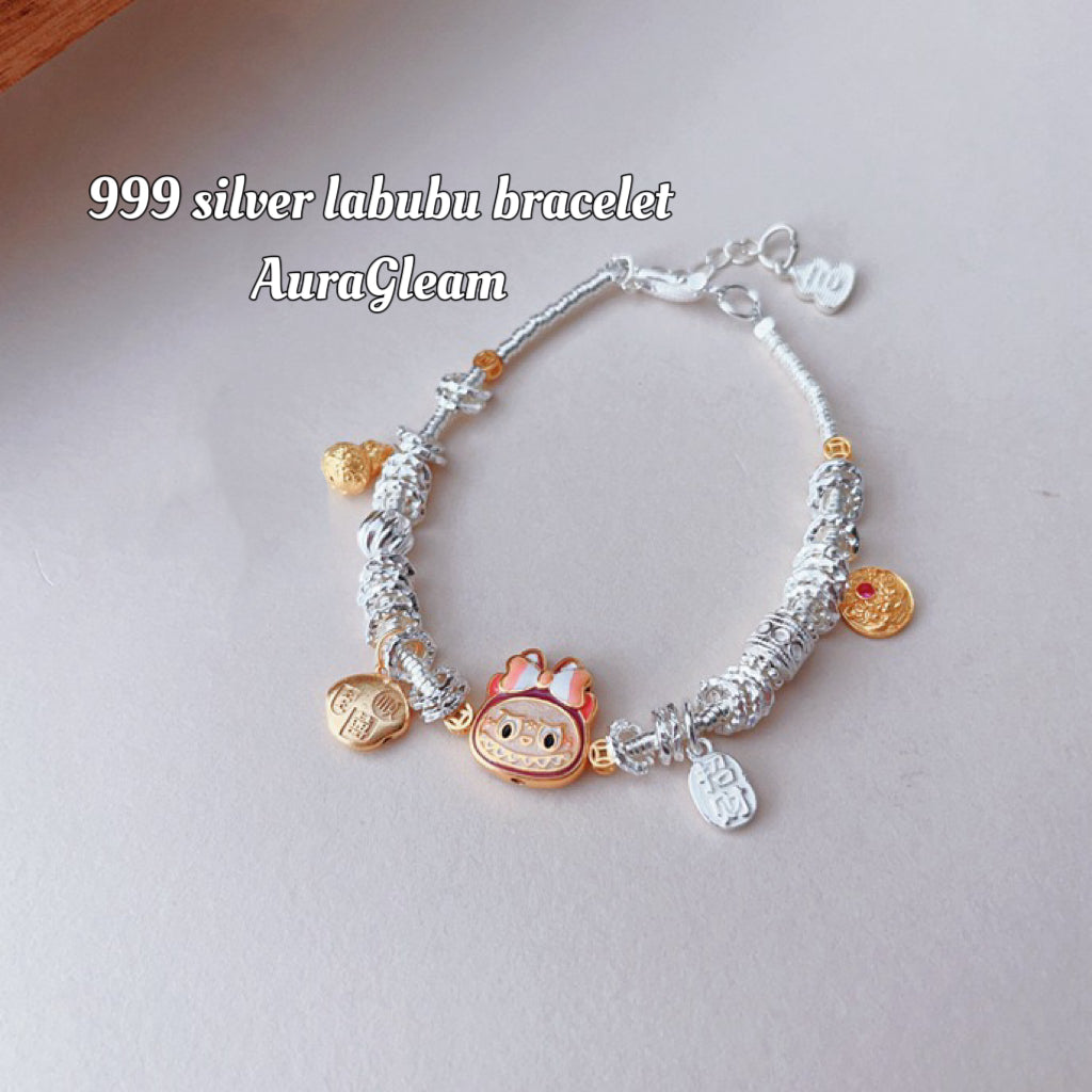 Labubu Lucky Bracelet – S999 fine silver bracelet in Chinese style with POP MART pendant
