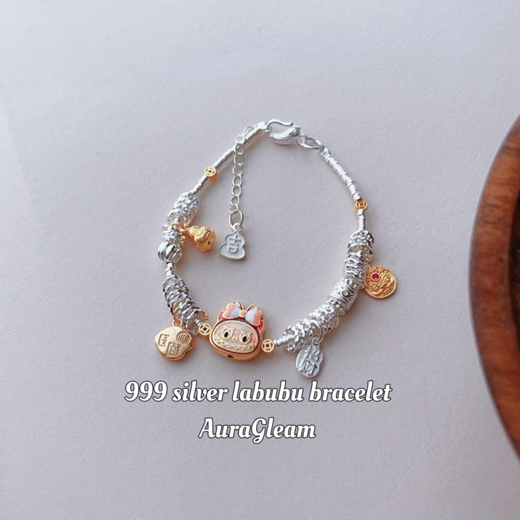 Labubu Lucky Bracelet – S999 fine silver bracelet in Chinese style with POP MART pendant