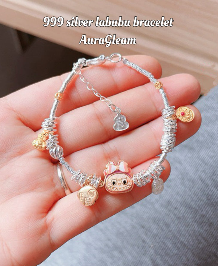Labubu Lucky Bracelet – S999 fine silver bracelet in Chinese style with POP MART pendant