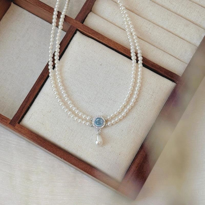 Doppelstrang-Perlenkette mit Aquamarin und Swarovski Kristallperlen – eleganter Halsschmuck aus 925er Silber für festliche Anlässe