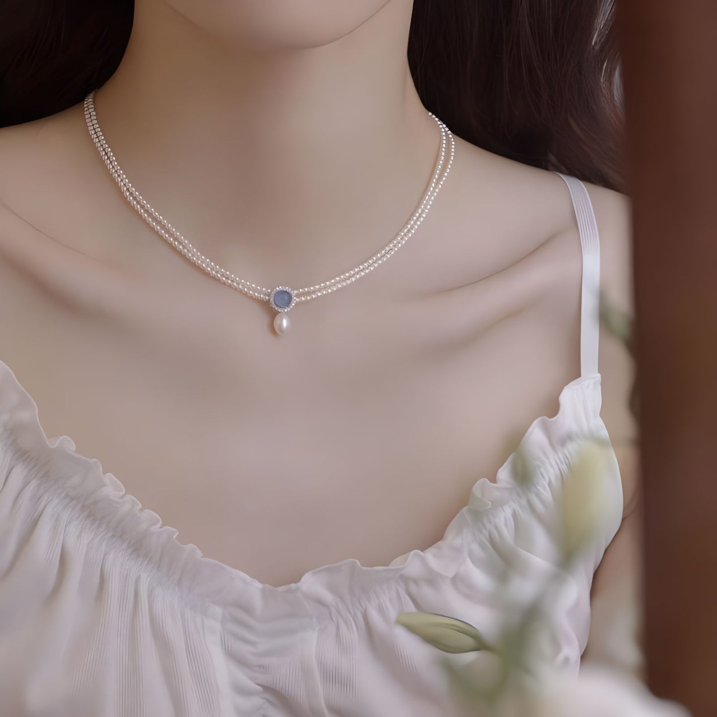 Doppelstrang-Perlenkette mit Aquamarin und Swarovski Kristallperlen – eleganter Halsschmuck aus 925er Silber für festliche Anlässe
