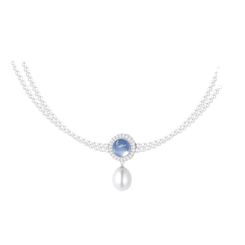 Doppelstrang-Perlenkette mit Aquamarin und Swarovski Kristallperlen – eleganter Halsschmuck aus 925er Silber für festliche Anlässe
