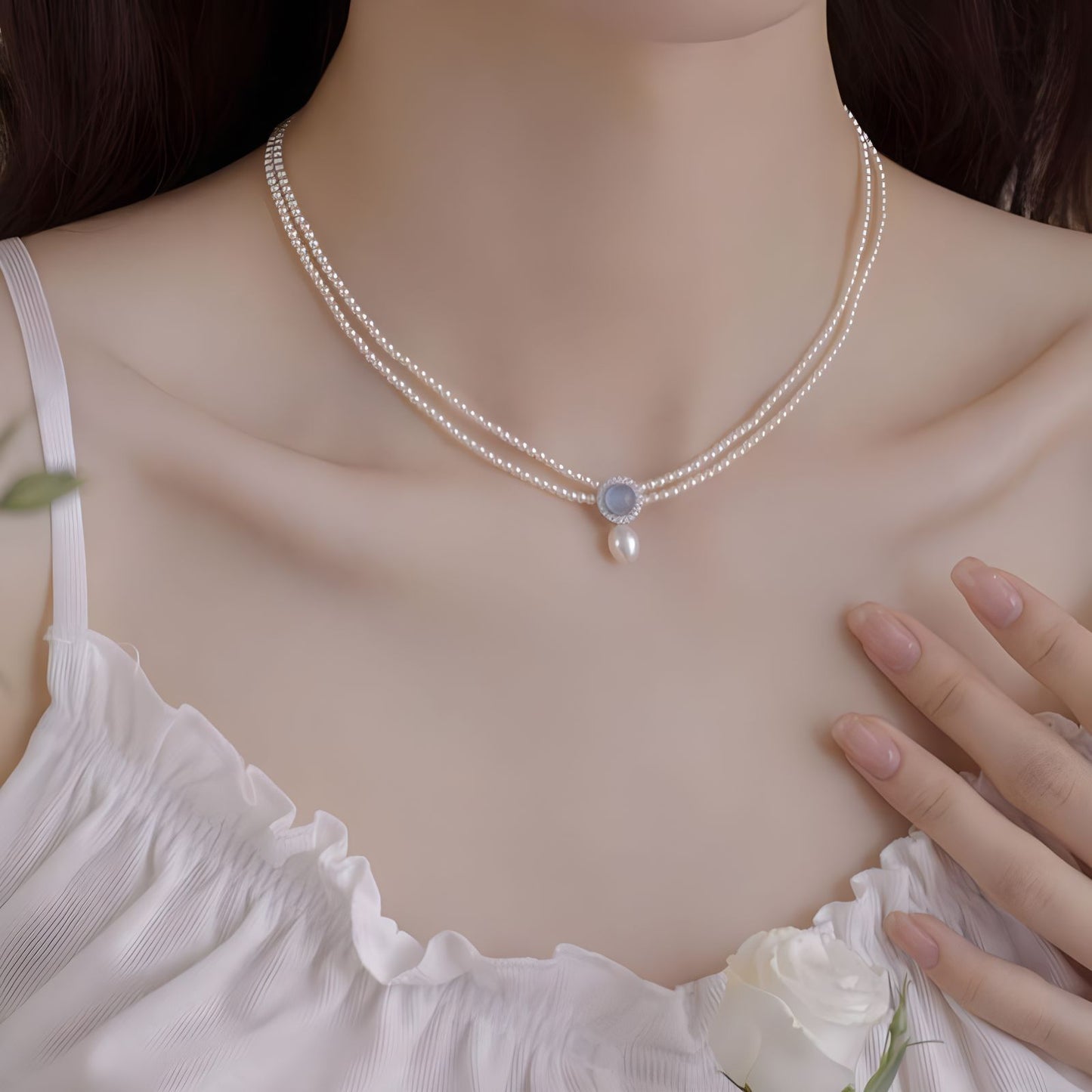 Doppelstrang-Perlenkette mit Aquamarin und Swarovski Kristallperlen – eleganter Halsschmuck aus 925er Silber für festliche Anlässe