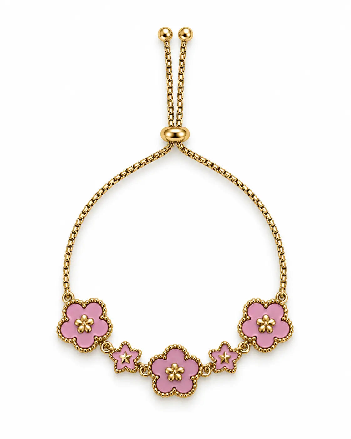 Rosa Blumen Armband aus 18K vergoldetem Edelstahl mit Emaille-Blüten