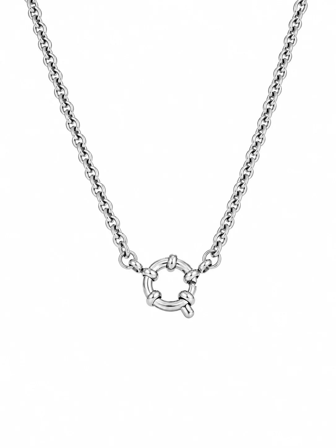 Endless Link Kette aus Titanstahl mit großem, strukturierten Ring-Verschluss auf der Vorderseite, erhältlich in Gold und Silber