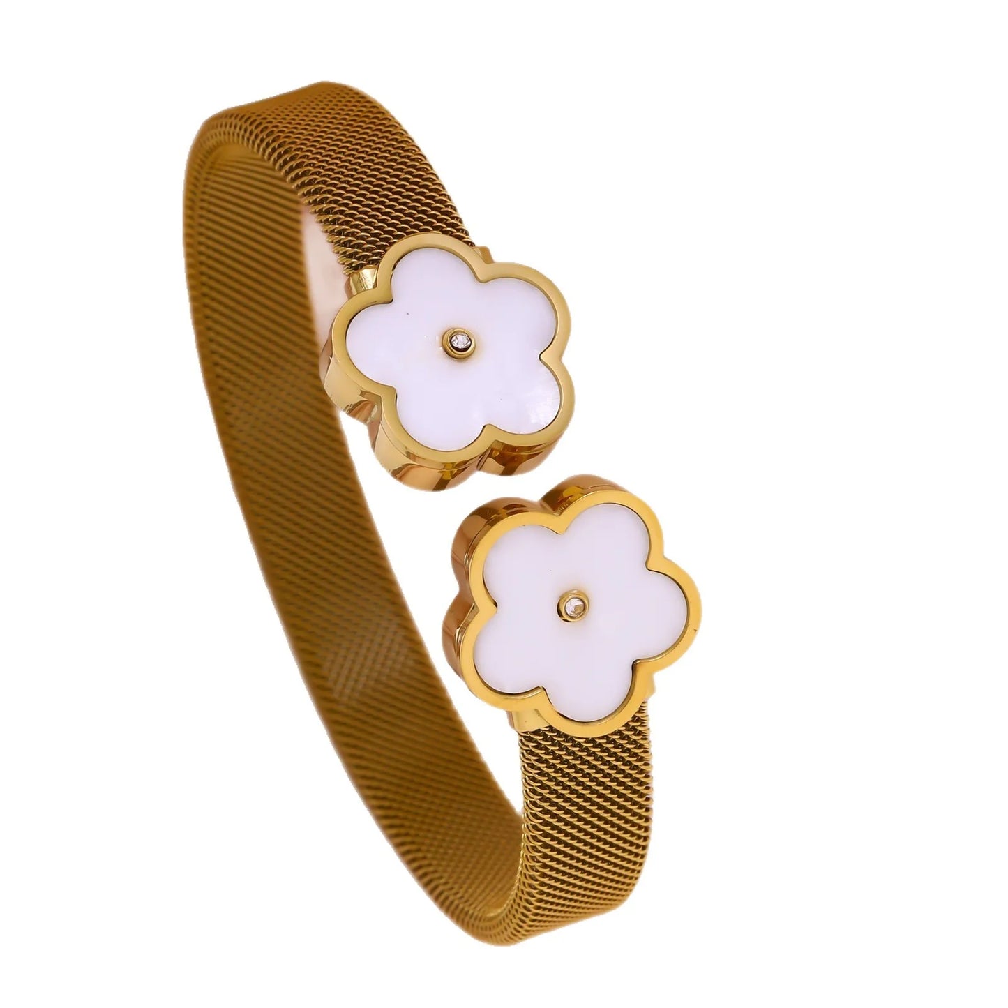 Goldener Titanstahl-Armreif "Fiona" mit Mesh-Struktur und Blumen-Enden in Schwarz und Weiß, massiv 28g