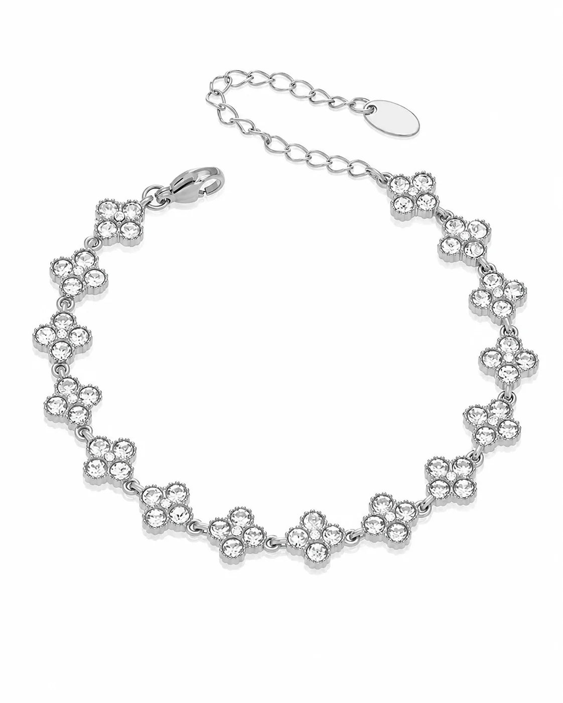 Silberfarbenes Kleeblatt Armband aus Titanstahl mit Zirkonia