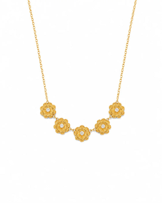 Goldene Blumen Halskette mit fünf floralen Elementen