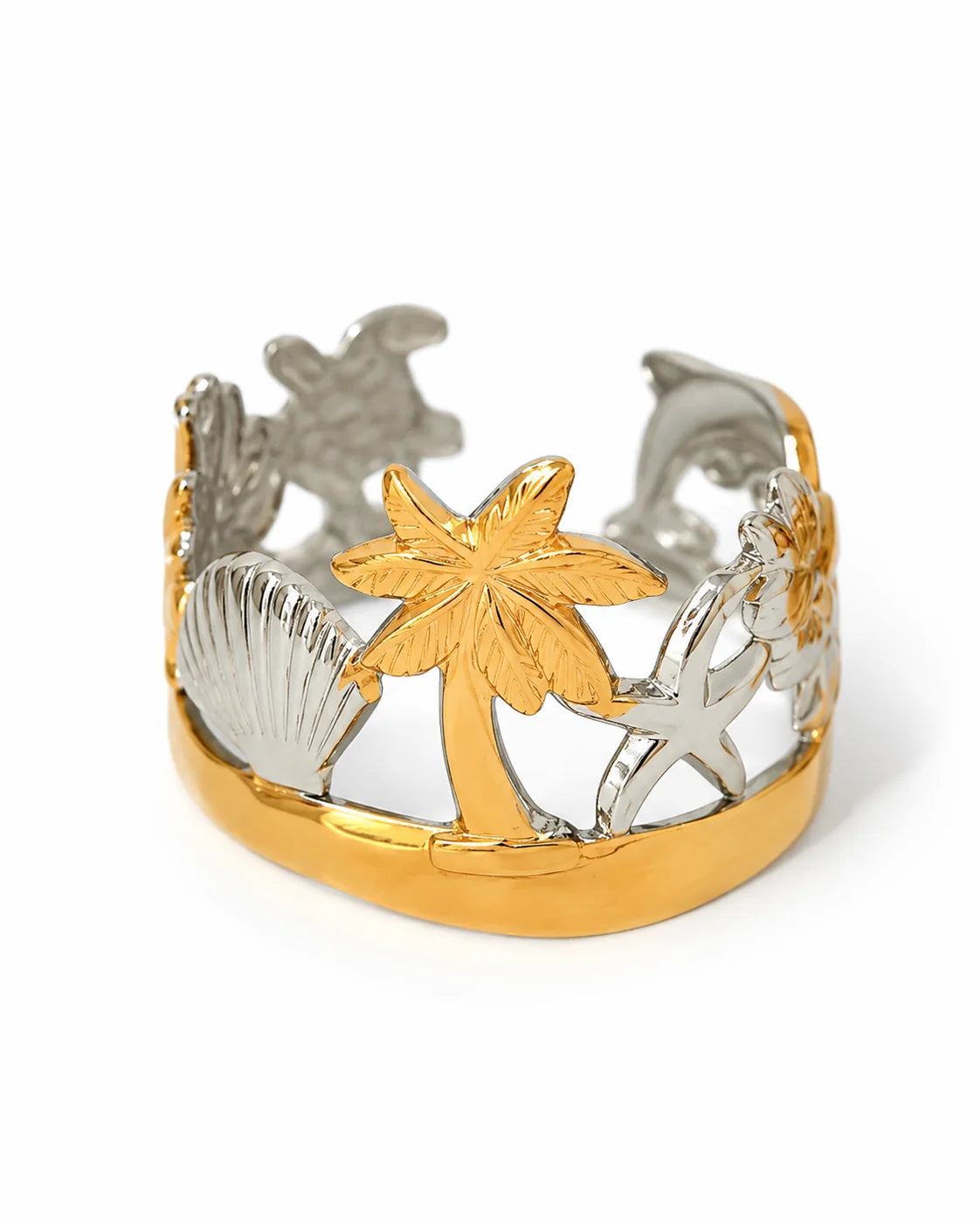 Breiter Maritimer Ozean Ring aus Titanstahl mit aufwendigem Cut-out Strand-Motiv, erhältlich in Gold, Silber und Bicolor