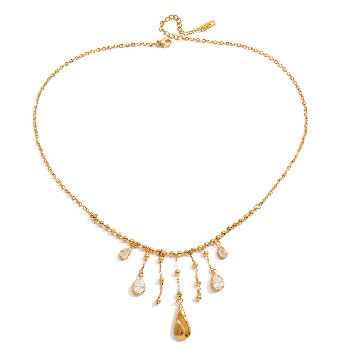 Goldene Titanstahl-Halskette "Maya" mit Perlen-Details, herabhängenden Kettchen und Zirkonia-Tropfen