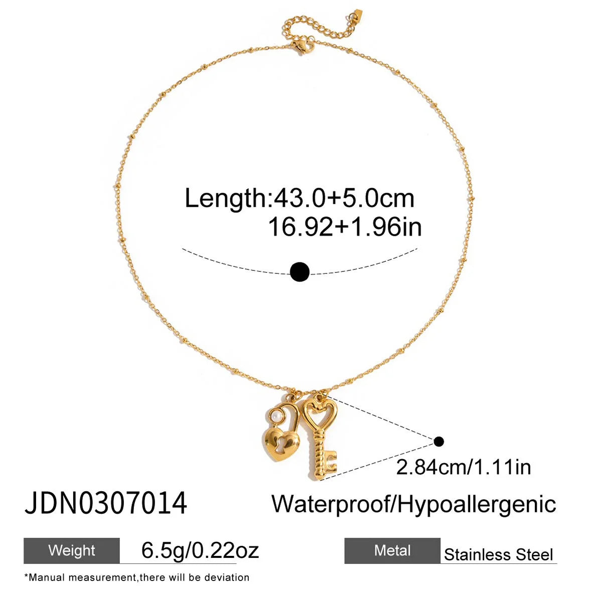 Goldene Halskette "Valentina" aus Edelstahl mit Herz-Schloss und Schlüssel-Anhängern sowie kleiner Perle