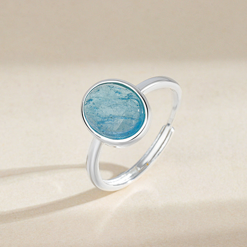 Verstellbarer Ring aus 925er Silber mit ovalem, natürlichem Aquamarin – schlichtes und elegantes Design mit beruhigendem Blauton