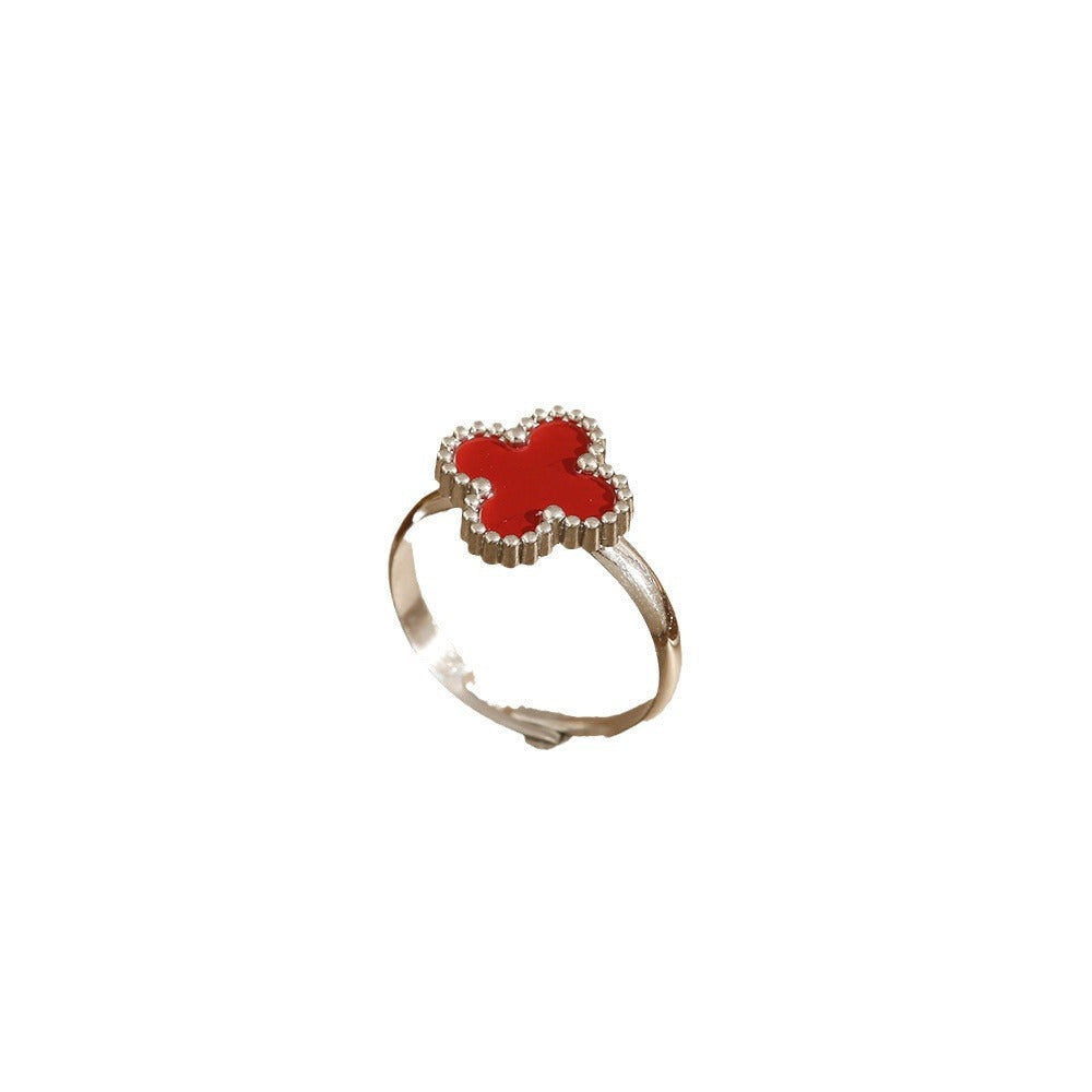 Verstellbarer Damenring aus 990er Silber mit rotem Achat, Kleeblatt-Design, Glückssymbol Schmuck