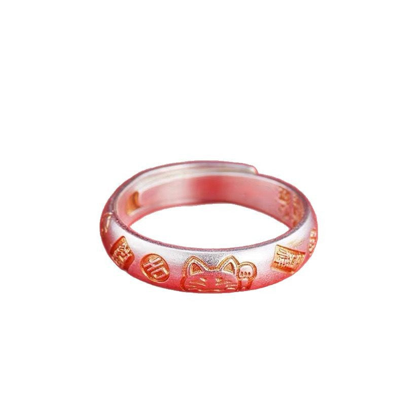 Handgefertigter Ring aus 999er Feinsilber mit kunstvoll vergoldeten Gravuren – Glücksmotive wie Winkekatze und chinesische Schriftzeichen, verstellbares Design für Damen und Herren
