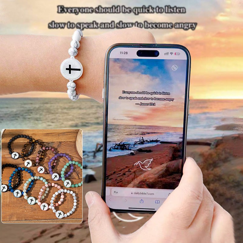 NFC-Armband mit Natursteinen und Kreuzanhänger – Bibelvers-Funktion über NFC für spirituelle Begleitung im Alltag