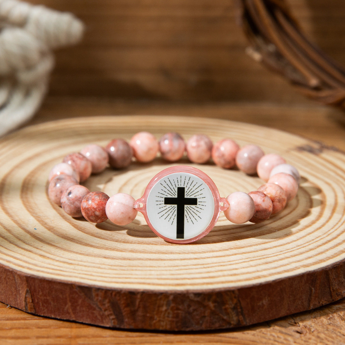NFC-Armband mit Natursteinen und Kreuzanhänger – Bibelvers-Funktion über NFC für spirituelle Begleitung im Alltag