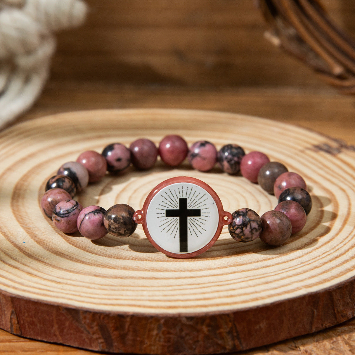 NFC-Armband mit Natursteinen und Kreuzanhänger – Bibelvers-Funktion über NFC für spirituelle Begleitung im Alltag