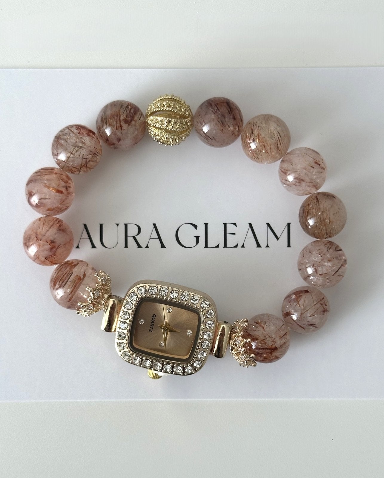 Zeitkristall – Armbanduhr mit Super Seven Kristallperlen und Strassbesatz (13–14 mm) - AuraGleam