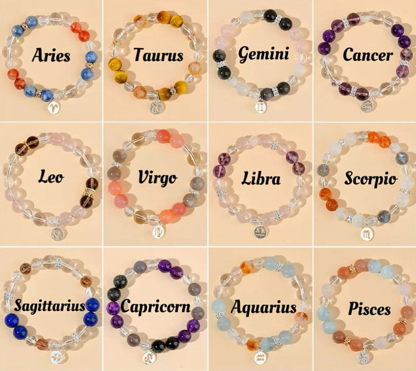 Zodiac Harmony – Armband mit natürlichen Heilsteinen & Sternzeichen - Anhänger aus 925er Silber - AuraGleam