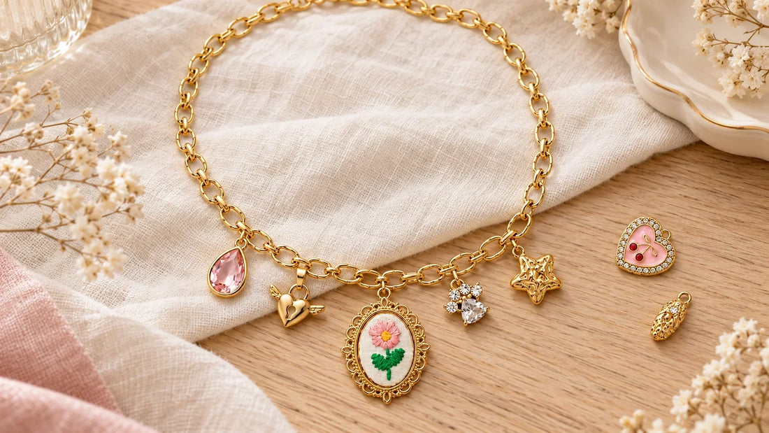 Goldene Charm-Kette mit Herz, Blume, Stern und Kristall-Anhängern