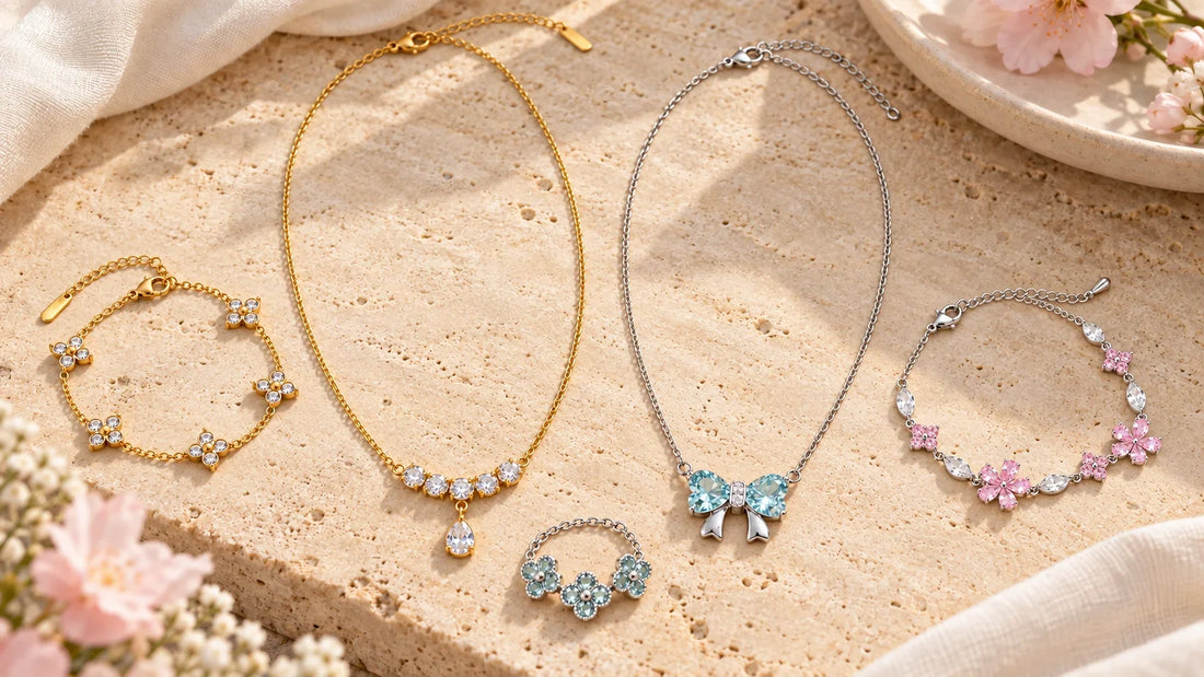 Edelstahlschmuck in Gold und 925 Silberschmuck von AuraGleam auf hellem Naturstein