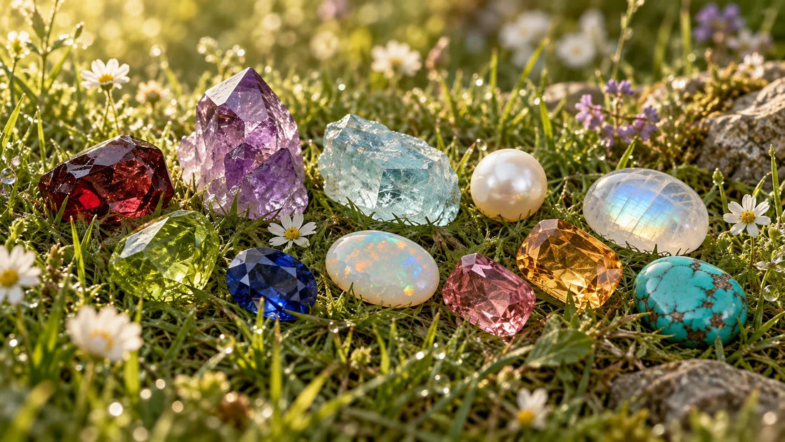 Geburtssteine wie Amethyst, Aquamarin, Perle, Opal und Türkis auf einer natürlichen Blumenwiese