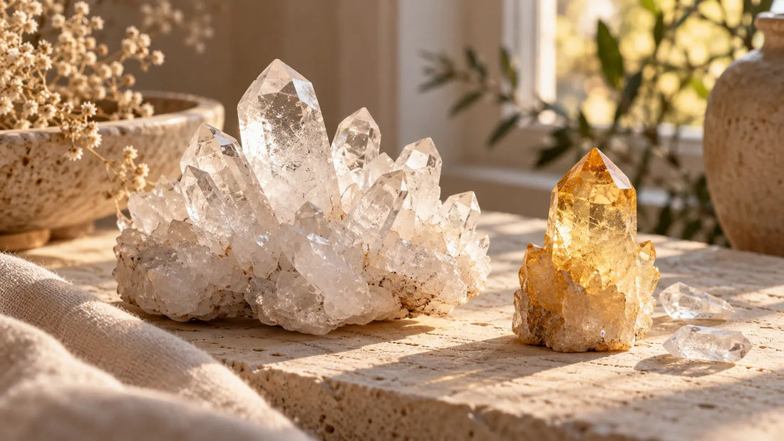 Weiße Quarzkristalle und ein gelber Kristall auf hellem Steintisch im natürlichen Sonnenlicht