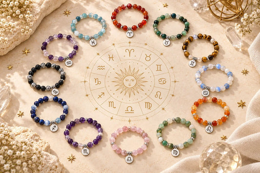 Zwölf Sternzeichen Armbänder mit farbigen Natursteinen und 925 Silber Anhängern