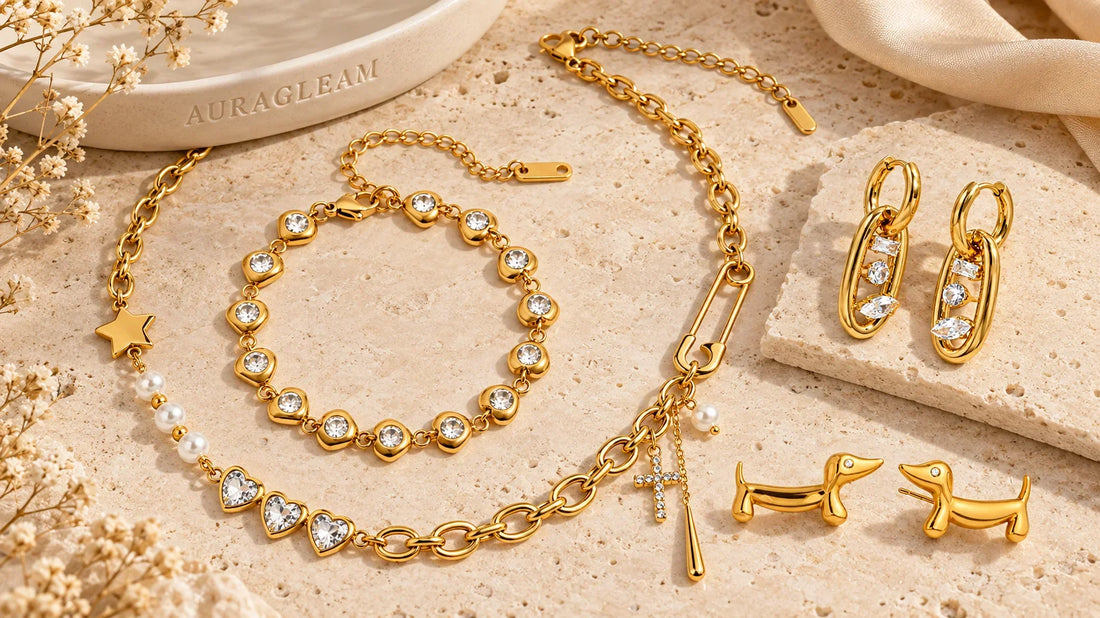 Goldener AuraGleam Schmuck mit Halskette, Armband und Ohrringen auf hellem Naturstein