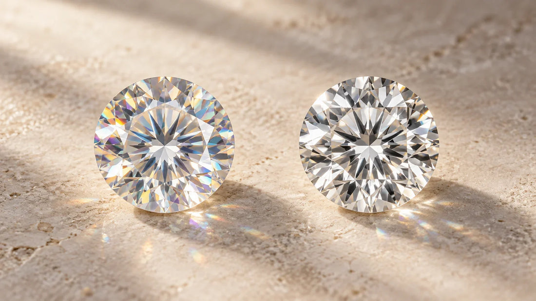 Zirkonia links und Diamant rechts im visuellen Vergleich auf hellem Hintergrund