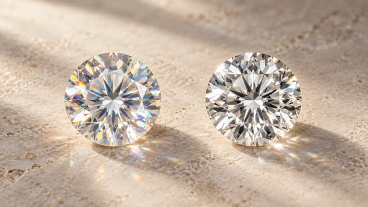 Zirkonia links und Diamant rechts im visuellen Vergleich auf hellem Hintergrund