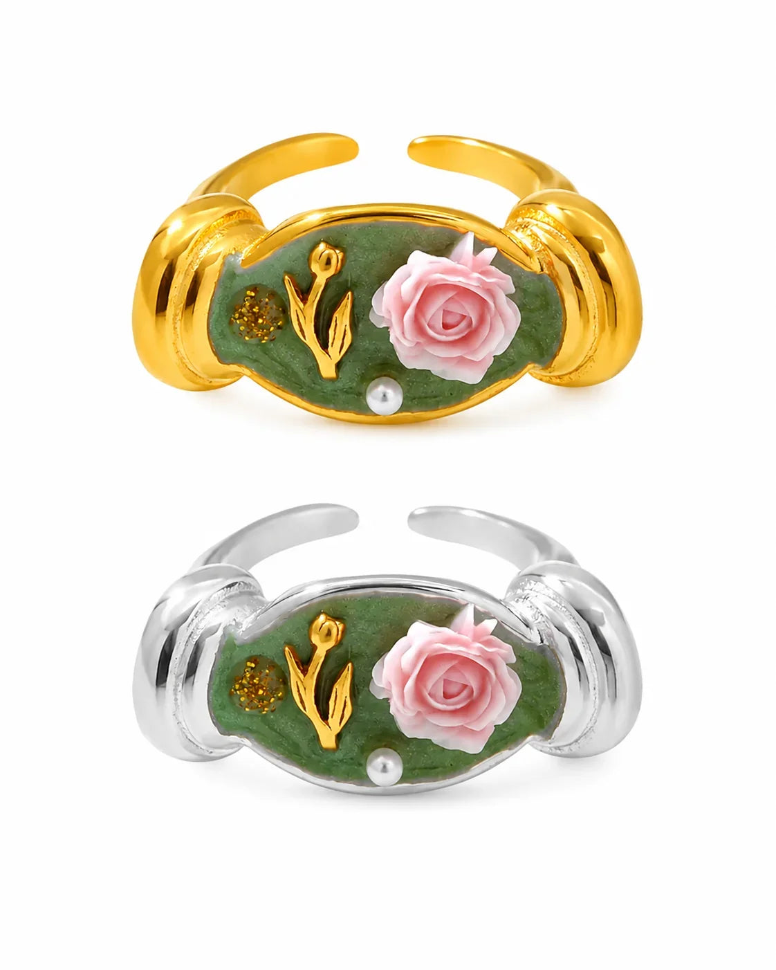 Wasserfeste offene Edelstahlringe in Gold und Silber mit grünem Blumenmotiv und rosa Rose