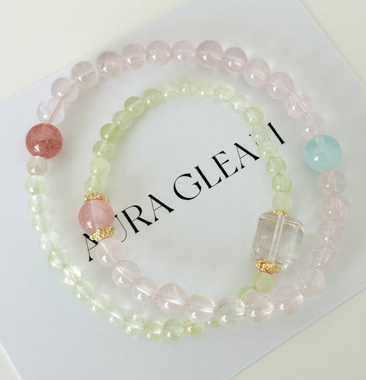 “Crystal Harmony” – Natural healing stone multilayer bracelet made of prehnite, rose quartz, aquamarine &amp; more