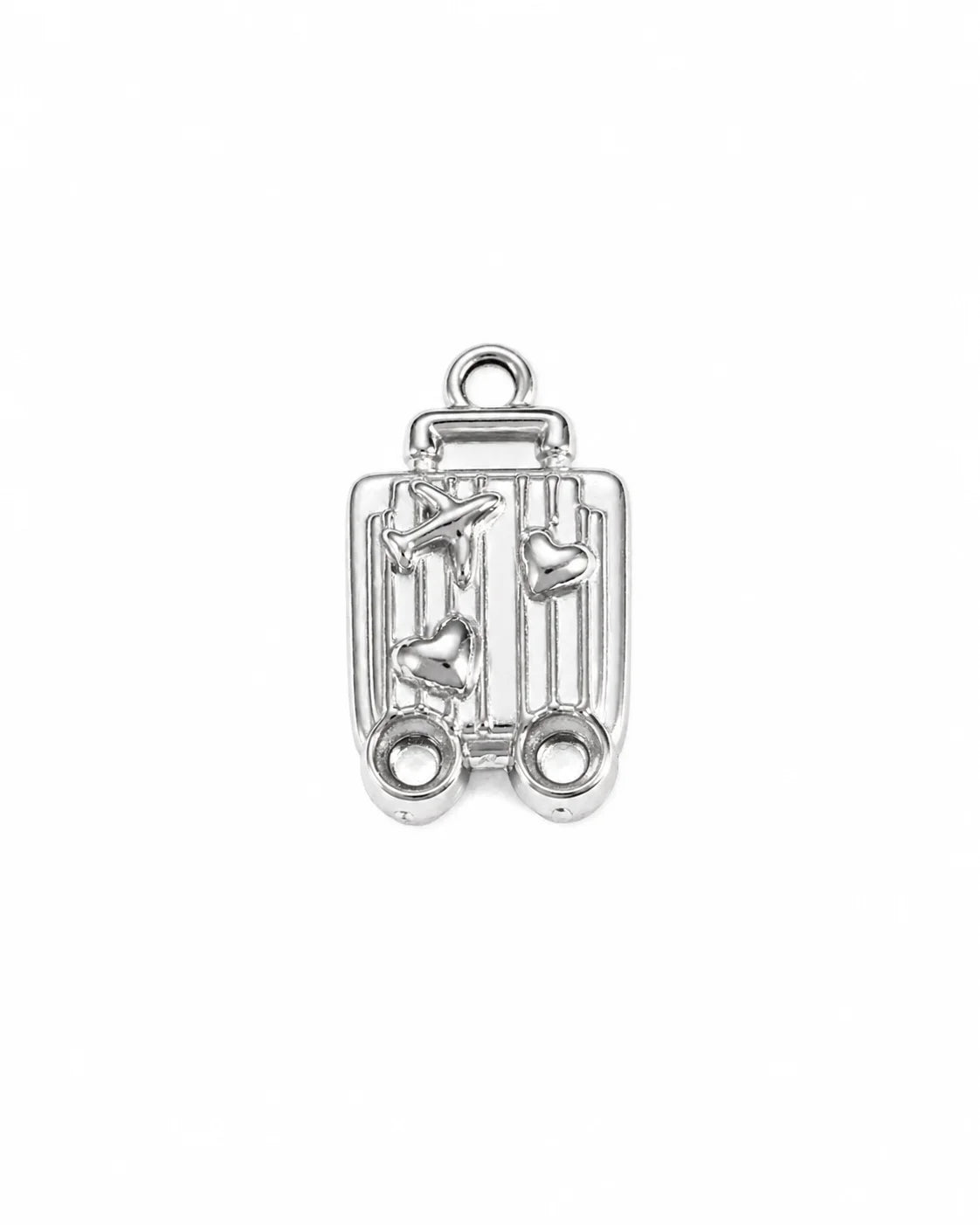 Silberner Anhänger aus reinem Titanstahl in Form eines Reisekoffers, verziert mit einem Flugzeug und kleinen Herzen, für personalisierbare Armbänder und Ketten