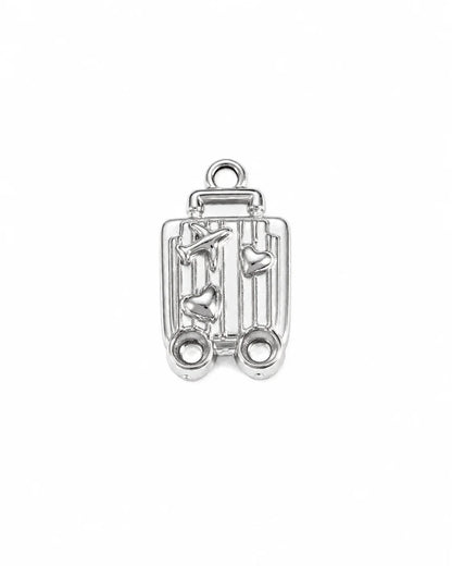 Silberner Anhänger aus reinem Titanstahl in Form eines Reisekoffers, verziert mit einem Flugzeug und kleinen Herzen, für personalisierbare Armbänder und Ketten