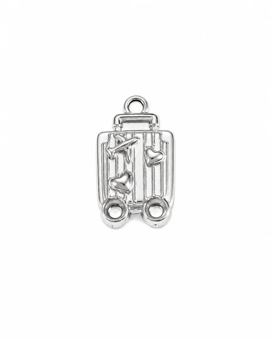 Silberner Anhänger aus reinem Titanstahl in Form eines Reisekoffers, verziert mit einem Flugzeug und kleinen Herzen, für personalisierbare Armbänder und Ketten