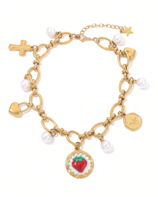 Amelie Charm Armband aus Edelstahl mit Perlen, Herz-, Kreuz- und Frucht-Anhänger