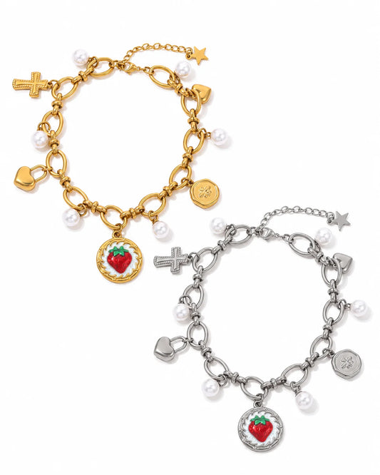 Amelie Charm Armband aus Edelstahl mit Perlen, Herz-, Kreuz- und Frucht-Anhänger