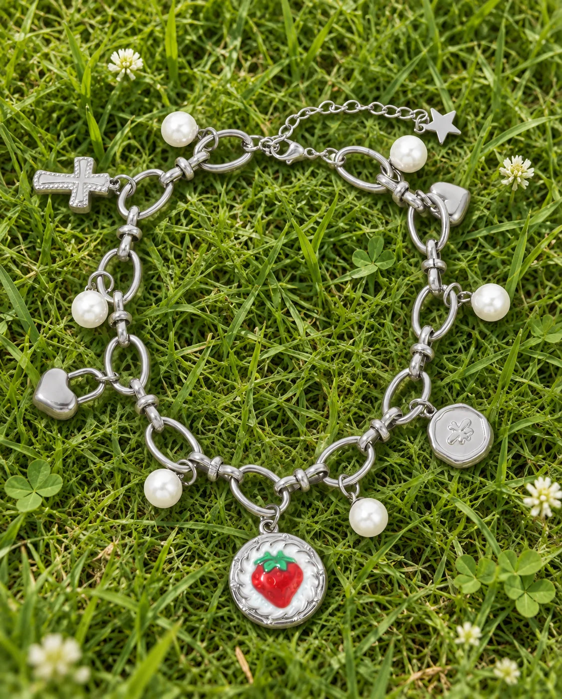 Amelie Charm Armband in Silber aus Edelstahl mit Perlen und Charms