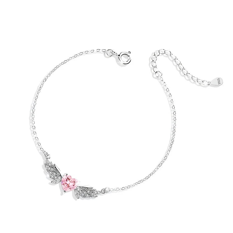 Zartes 925 Sterling Silber Armband "Angelina" mit einem rosa Zirkonia-Herz und funkelnden Engelsflügeln am Handgelenk