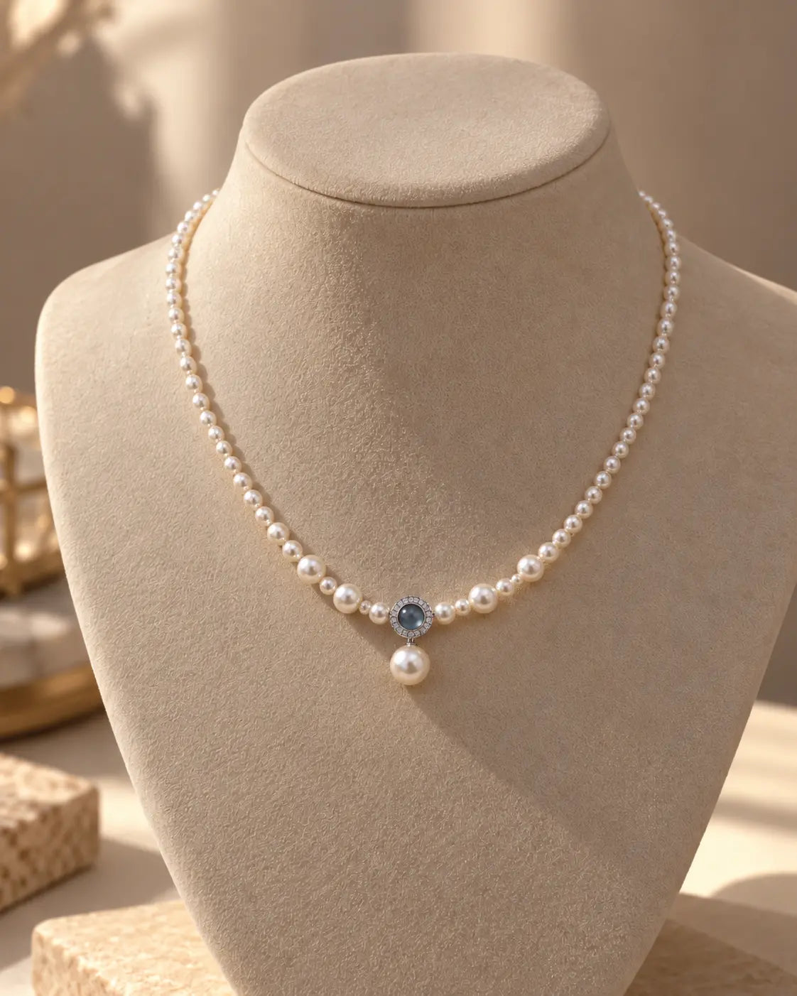 Aqua Grace Perlenkette mit hängender Perle auf einer hellen Schmuckbüste