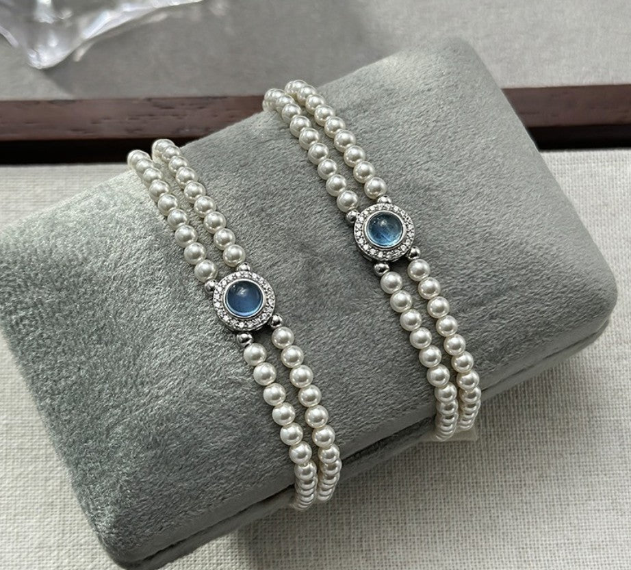 Doppelreihiges Perlenarmband mit Aquamarin und funkelnden Swarovski Kristallperlen – eleganter Armschmuck aus 925er Silber für Damen
