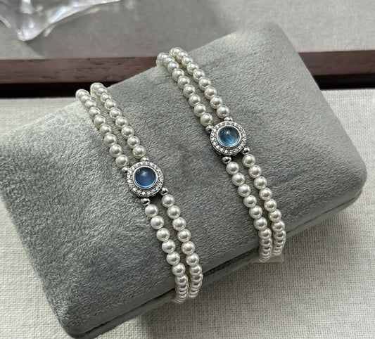 Doppelreihiges Perlenarmband mit Aquamarin und funkelnden Swarovski Kristallperlen – eleganter Armschmuck aus 925er Silber für Damen