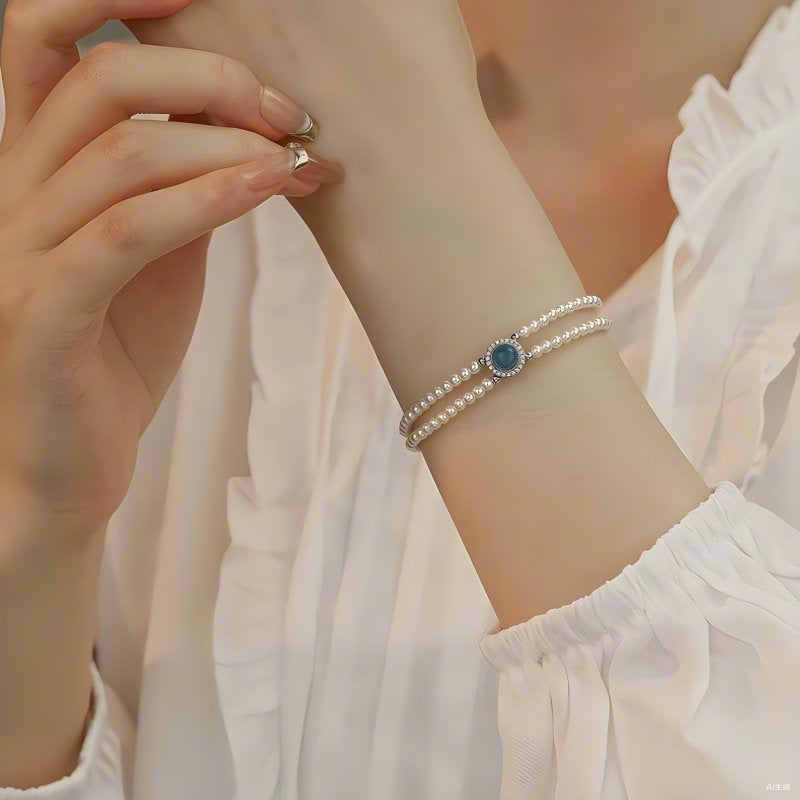 Doppelreihiges Perlenarmband mit Aquamarin und funkelnden Swarovski Kristallperlen – eleganter Armschmuck aus 925er Silber für Damen