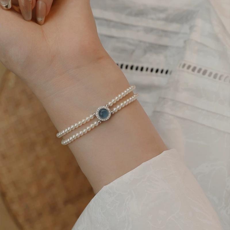 Doppelreihiges Perlenarmband mit Aquamarin und funkelnden Swarovski Kristallperlen – eleganter Armschmuck aus 925er Silber für Damen