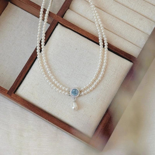 Doppelstrang-Perlenkette mit Aquamarin und Swarovski Kristallperlen – eleganter Halsschmuck aus 925er Silber für festliche Anlässe