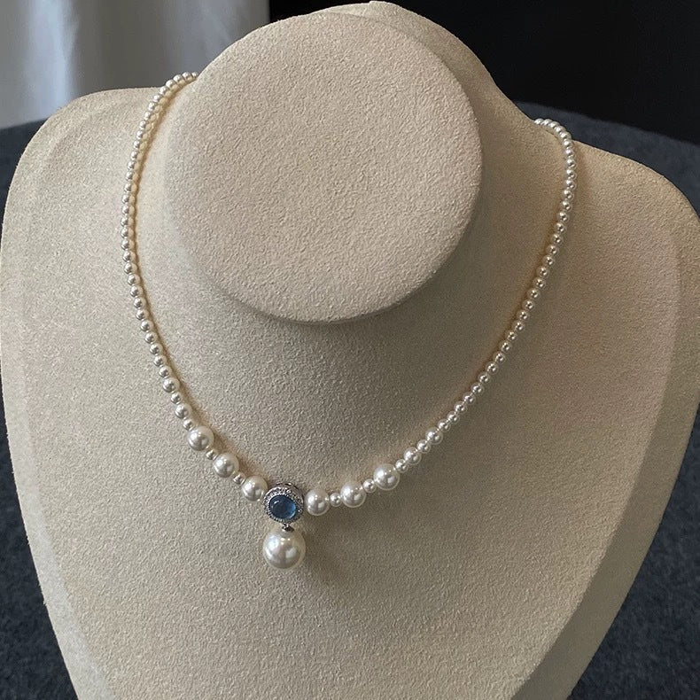 Elegante Perlenkette mit Swarovski Kristallperlen und Aquamarin in 925er Silberfassung – ideal für Brautschmuck oder besondere Anlässe