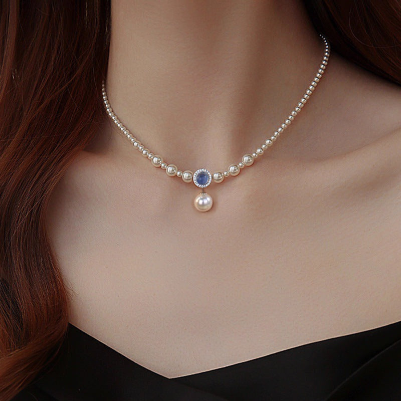 Elegante Perlenkette mit Swarovski Kristallperlen und Aquamarin in 925er Silberfassung – ideal für Brautschmuck oder besondere Anlässe