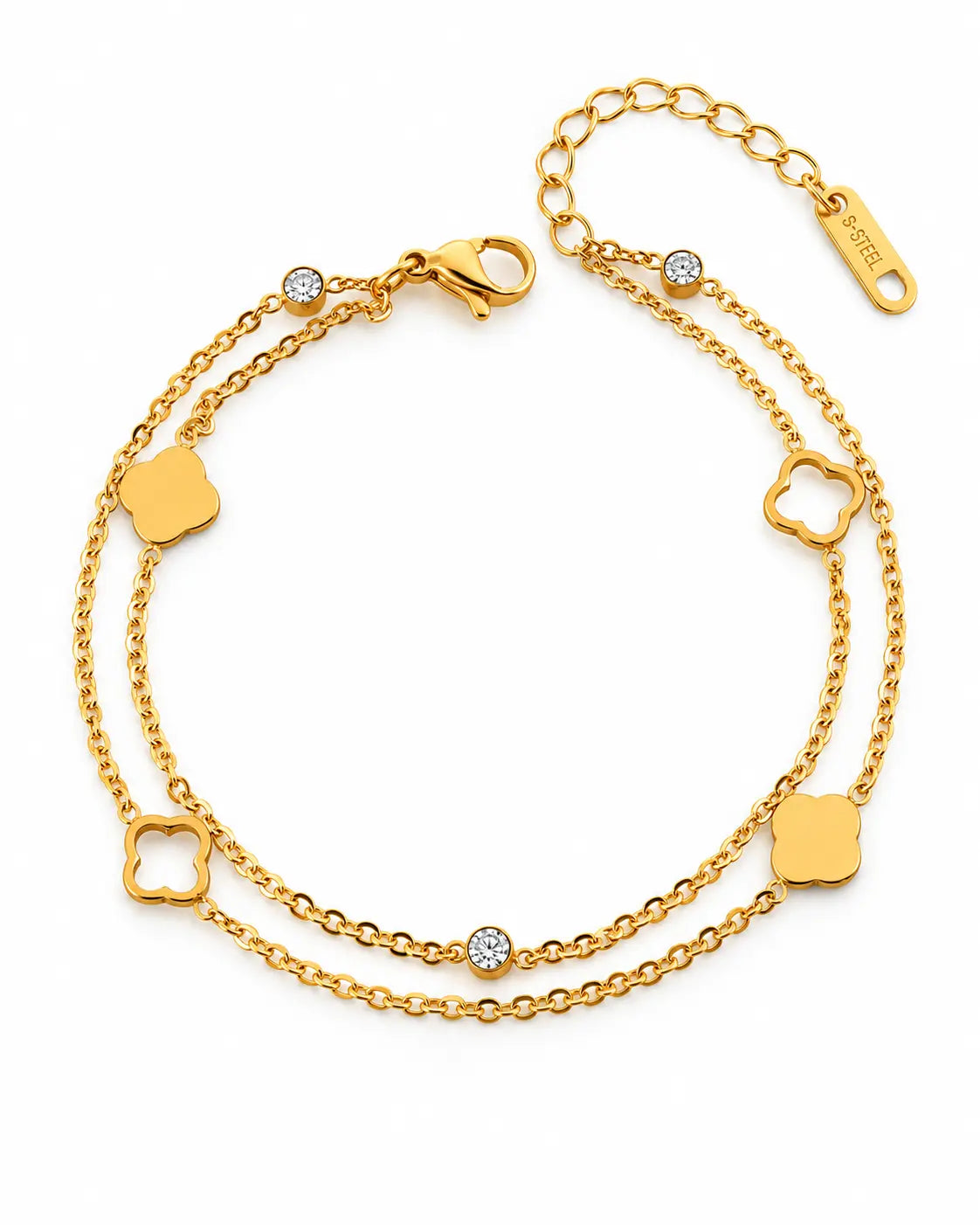 Arielle goldenes zweireihiges Kleeblatt Armband mit Zirkonia aus Edelstahl